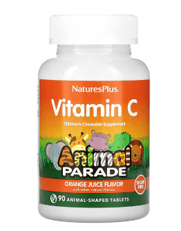 NaturesPlus, Animal Parade, 어린이용 츄어블 비타민C 보충제, 오렌지 주스 맛, 설탕 무함유, 동물 모양 90정