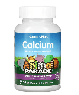 NaturesPlus, Animal Parade, 어린이용 츄어블 칼슘 보충제, 바닐라 선데 맛, 설탕 무함유, 동물 모양 90정