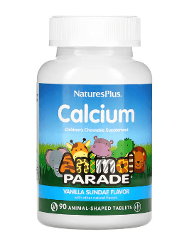 NaturesPlus, Source of Life, Animal Parade, 칼슘, 어린이용 츄어블 보충제, 바닐라 선데 맛, 동물 모양 90정